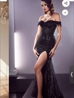 Elegant Black Off-Shoulder Sequin Prom Gown with High Slit